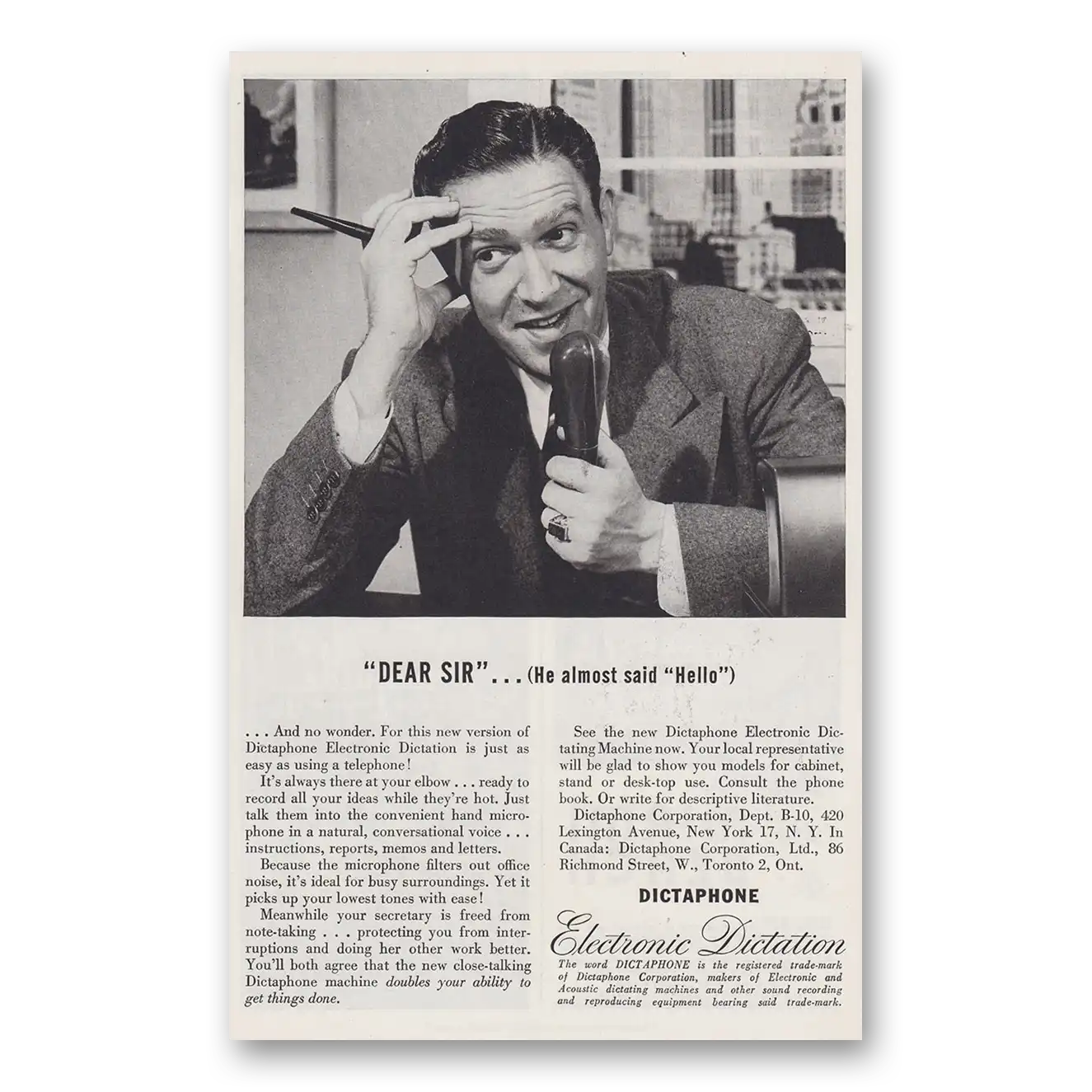 1946 Dictaphone Dear Sir He Almost Said Hello Vintage Magazine Print Ad