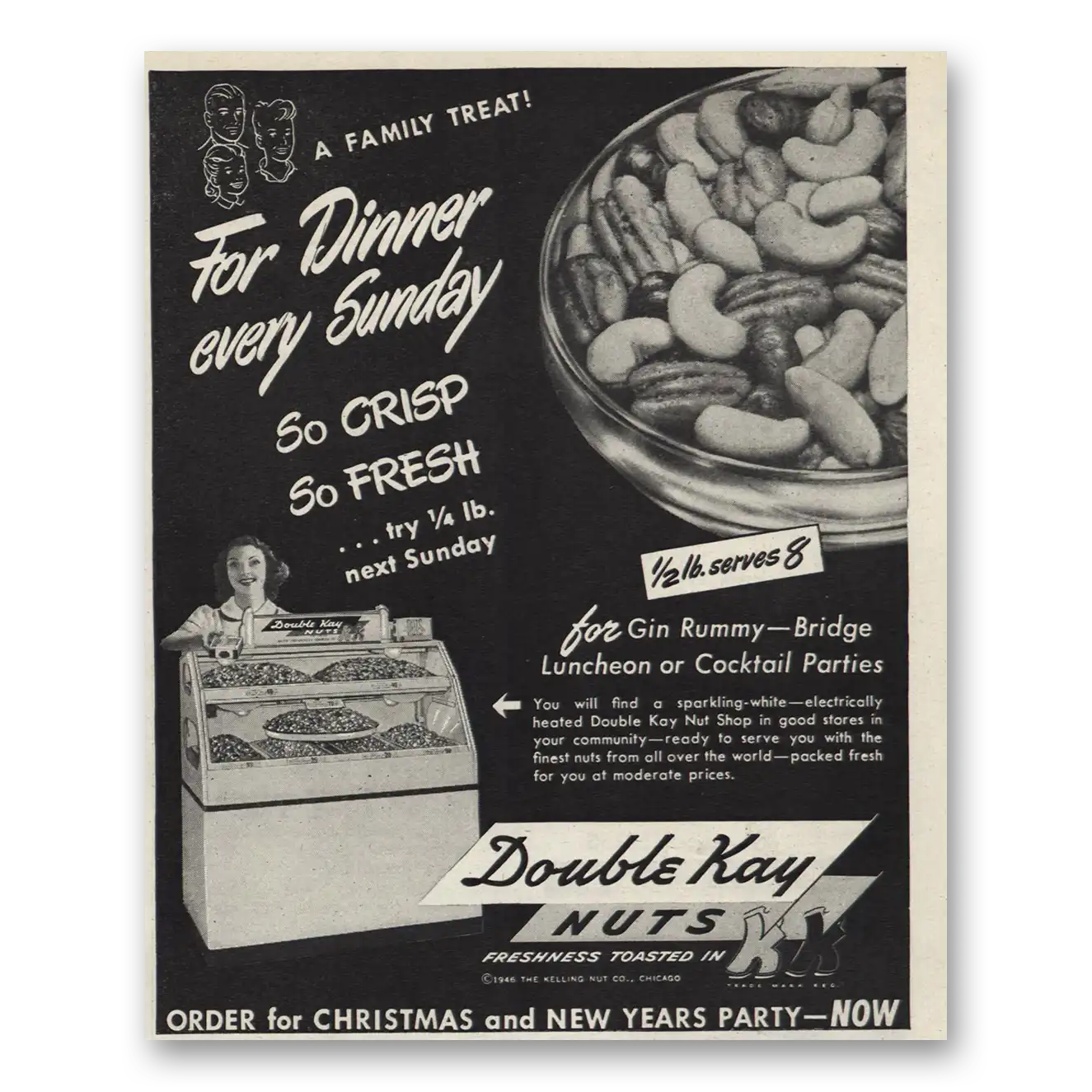 1946 Double Kay Nuts For Dinner Every Sunday Vintage Magazine Print Ad