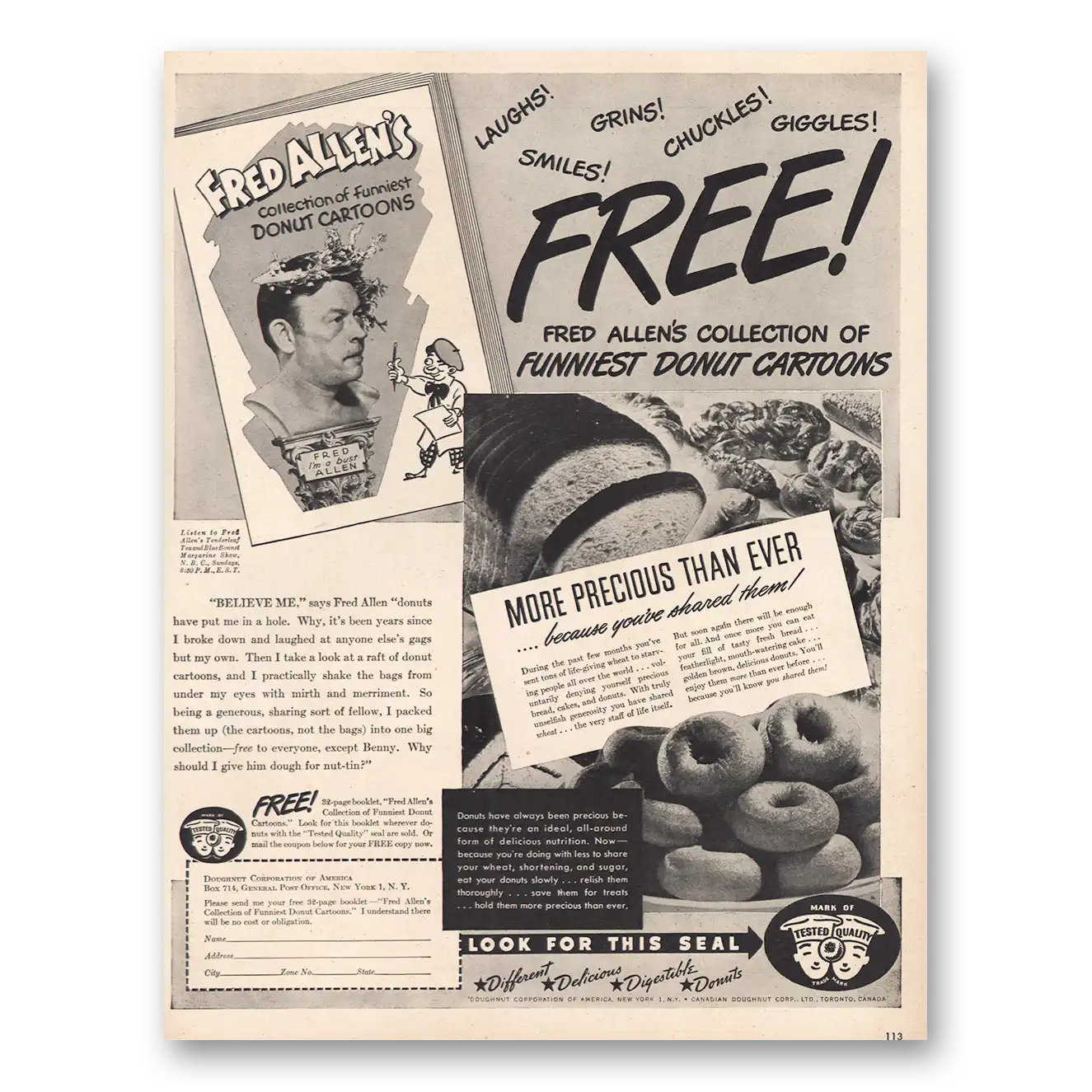 1946 Doughboy Donuts Fred Allen Donut Cartoons Vintage Magazine Print Ad