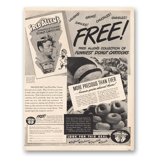 1946 Doughboy Donuts Fred Allen Donut Cartoons Vintage Magazine Print Ad