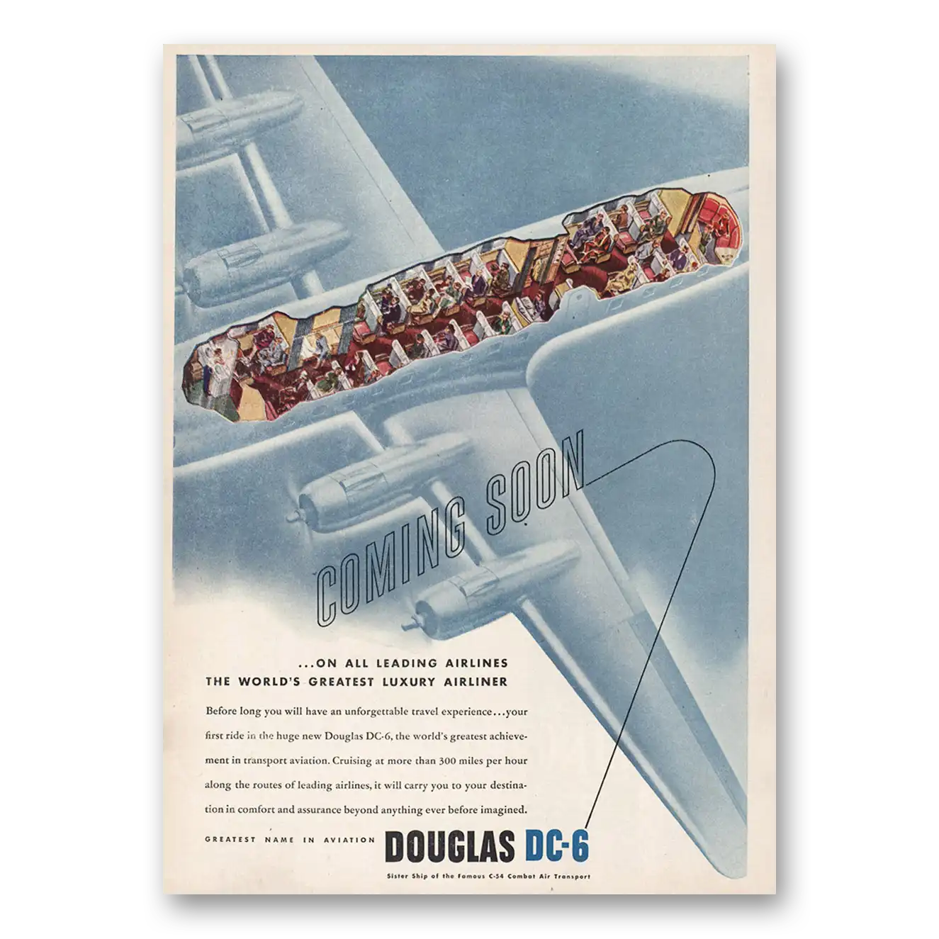 1946 Douglas DC6 Coming Soon Vintage Magazine Print Ad