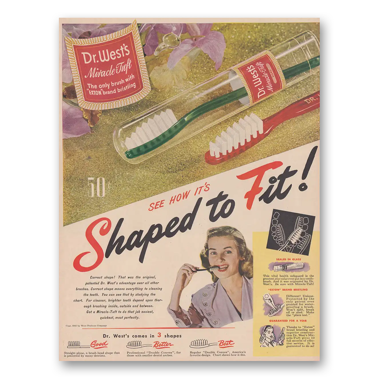 1946 Dr Wests Toothbrush Miracle Tuft Shaped to Fit Vintage Magazine Print Ad