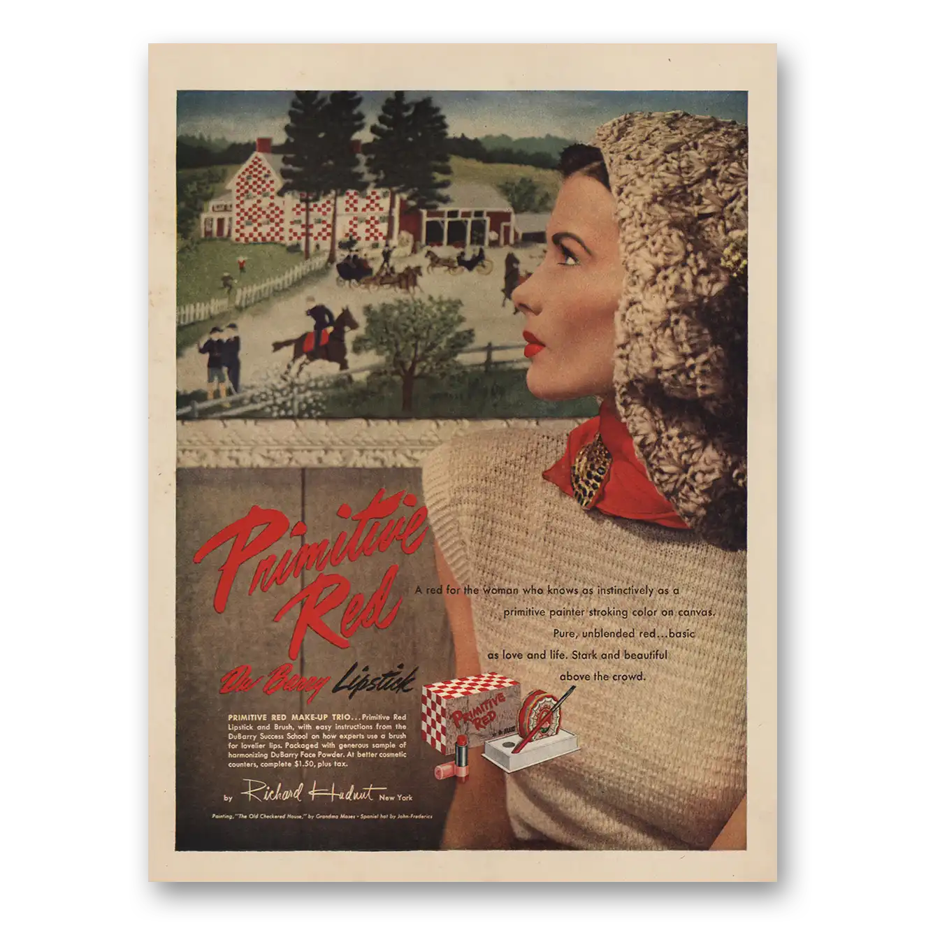 1946 DuBarry Beauty Primitive Red Lipstick Old Checkered House Vintage Magazine Print Ad