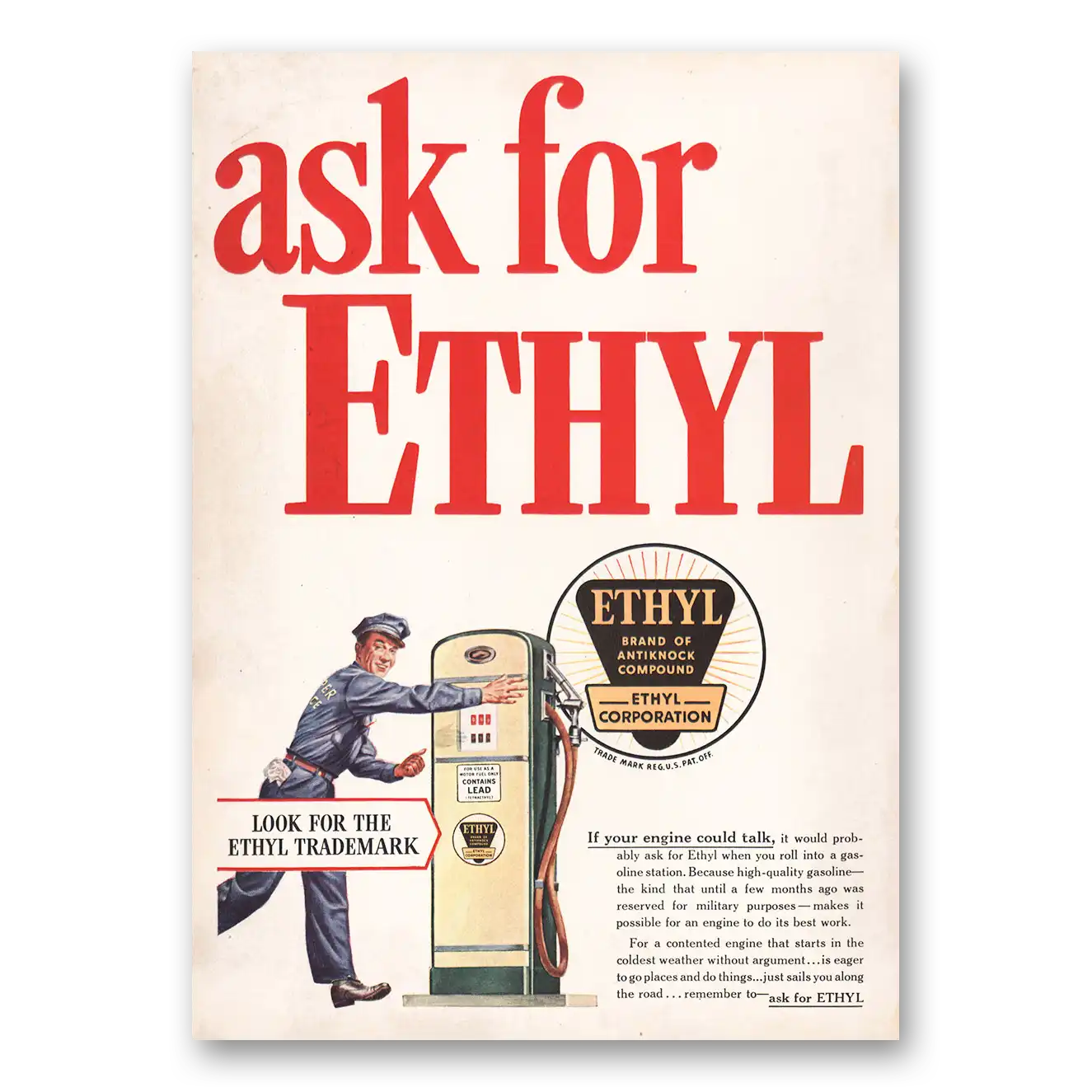 1946 Ethyl Gasoline Engine Could Talk Vintage Magazine Print Ad