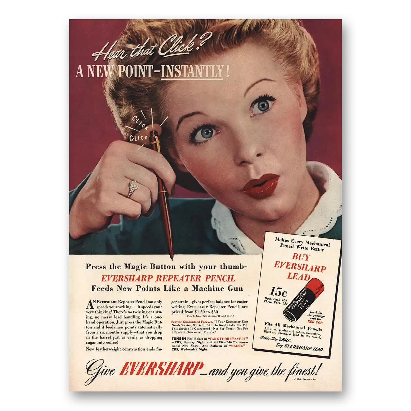 1946 Wahl Eversharp Repeater Pencil Press the Magic Button Vintage Magazine Print Ad