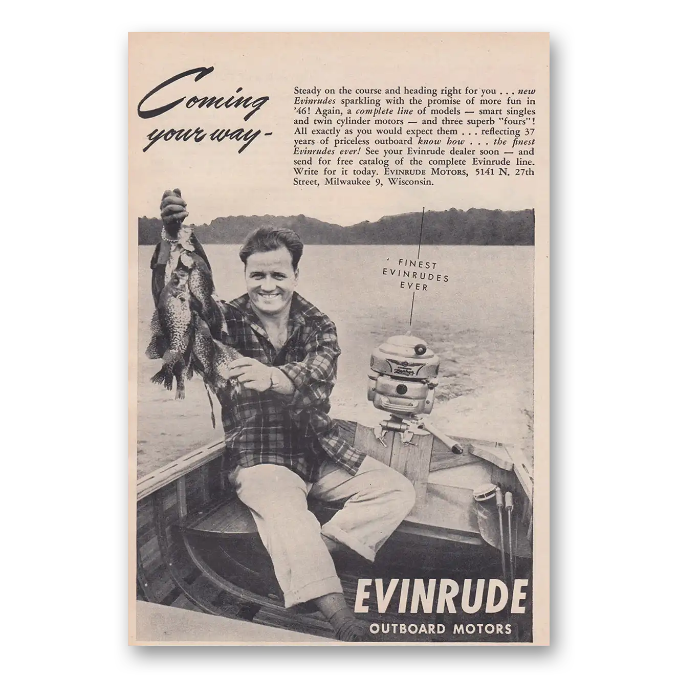 1946 Evinrude Coming Your Way Fishing Vintage Magazine Print Ad