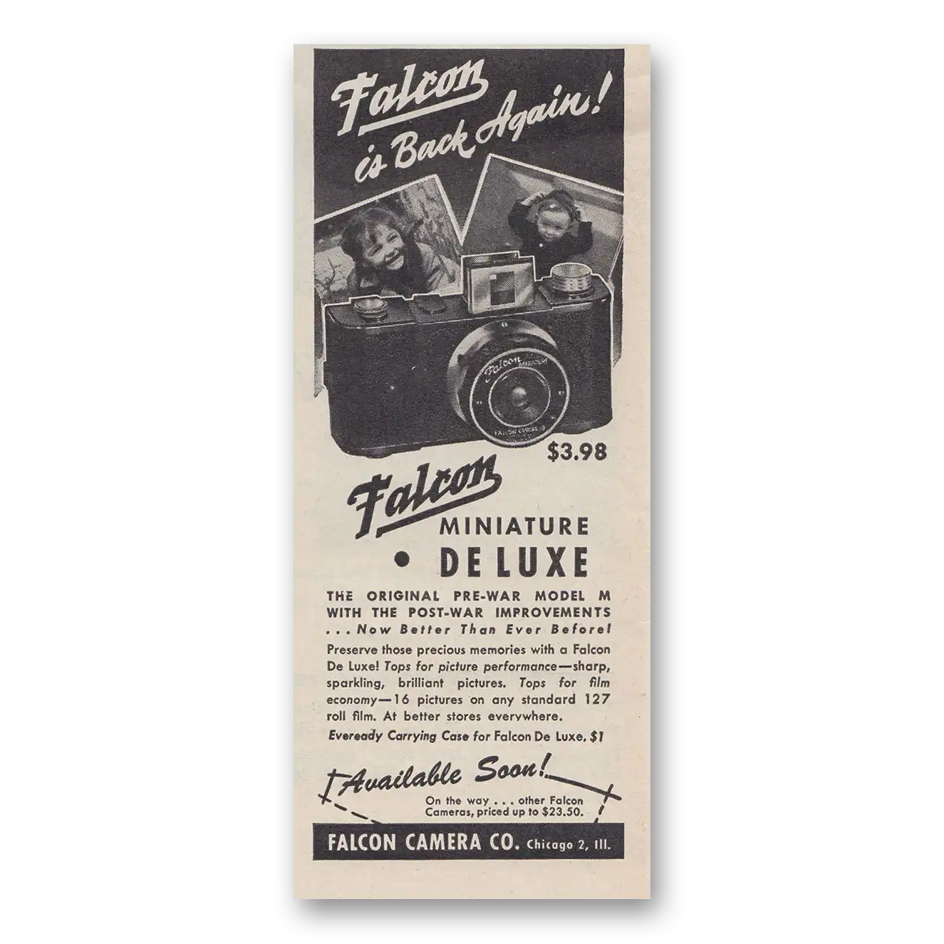 1946 Falcon Camera Miniature DeLuxe Vintage Magazine Print Ad