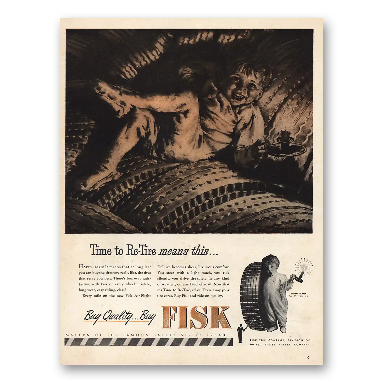 1946 Fisk Tires Time to Re Tire Vintage Magazine Print Ad