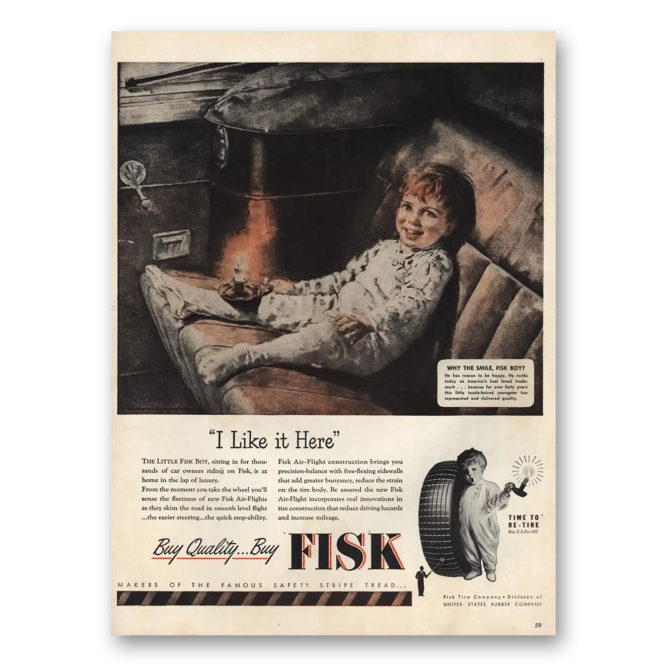 1946 Fisk Tires I Like It Here Vintage Magazine Print Ad