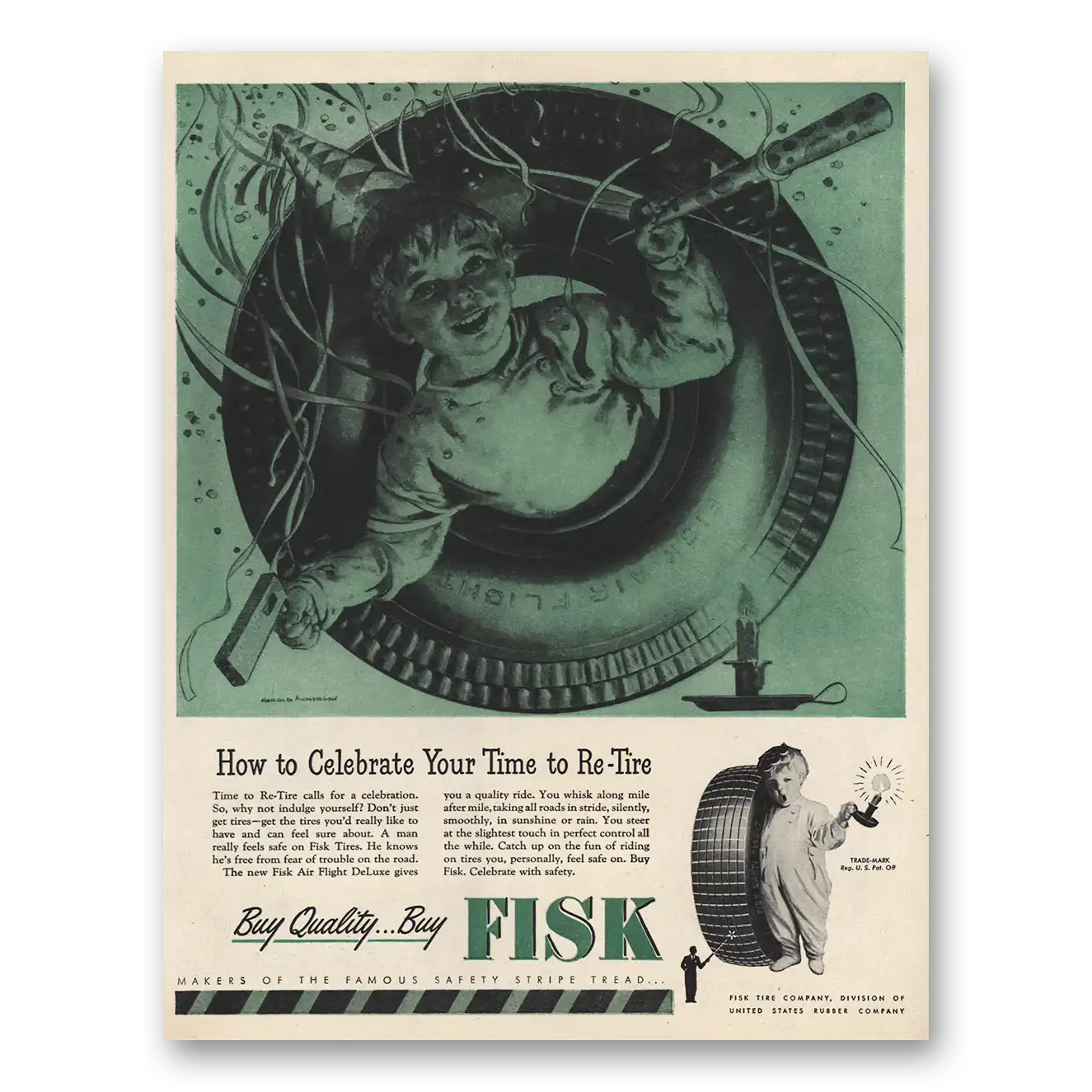 1946 Fisk Tires Celebrate Your Time to Re Tire Vintage Magazine Print Ad