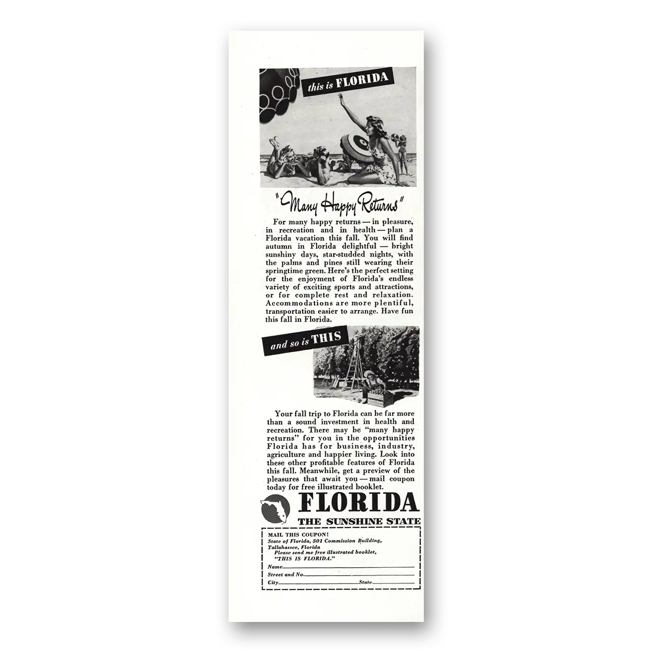 1946 Florida Many Happy Returns Vintage Magazine Print Ad