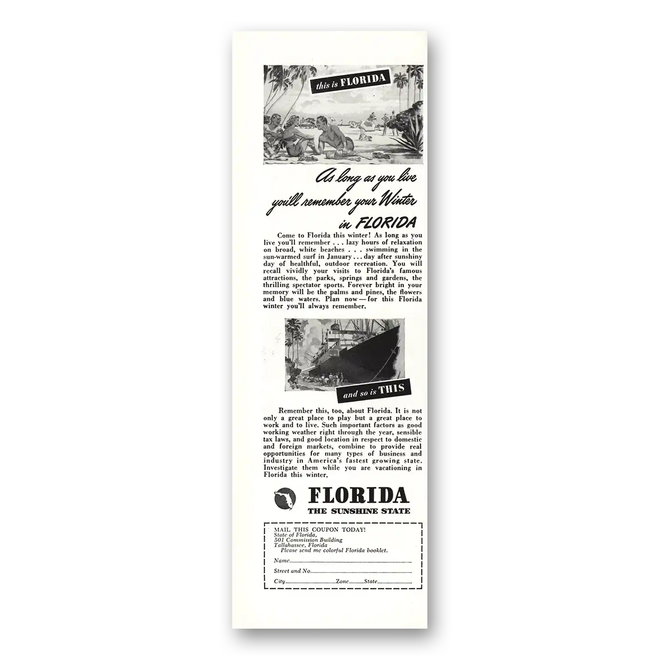 1946 Florida As Long As You Live Vintage Magazine Print Ad