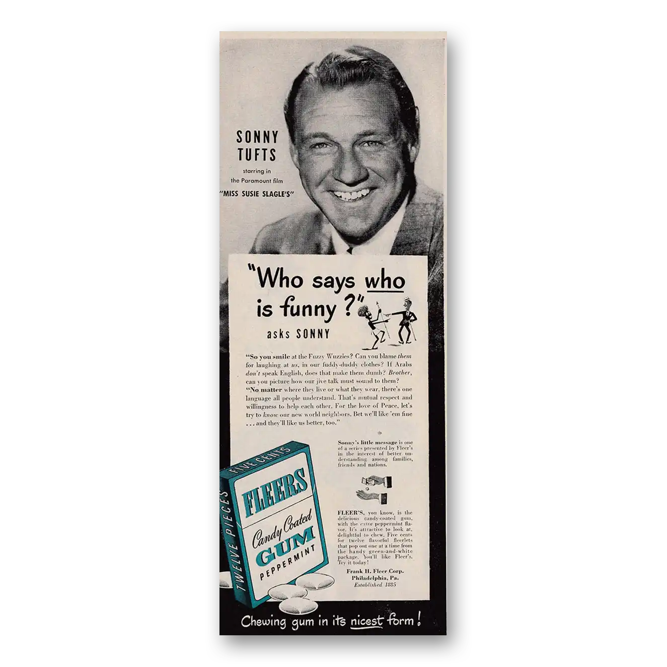 1946 Fleers Gum Who Says Who Is Funny Sonny Tufts Vintage Magazine Print Ad