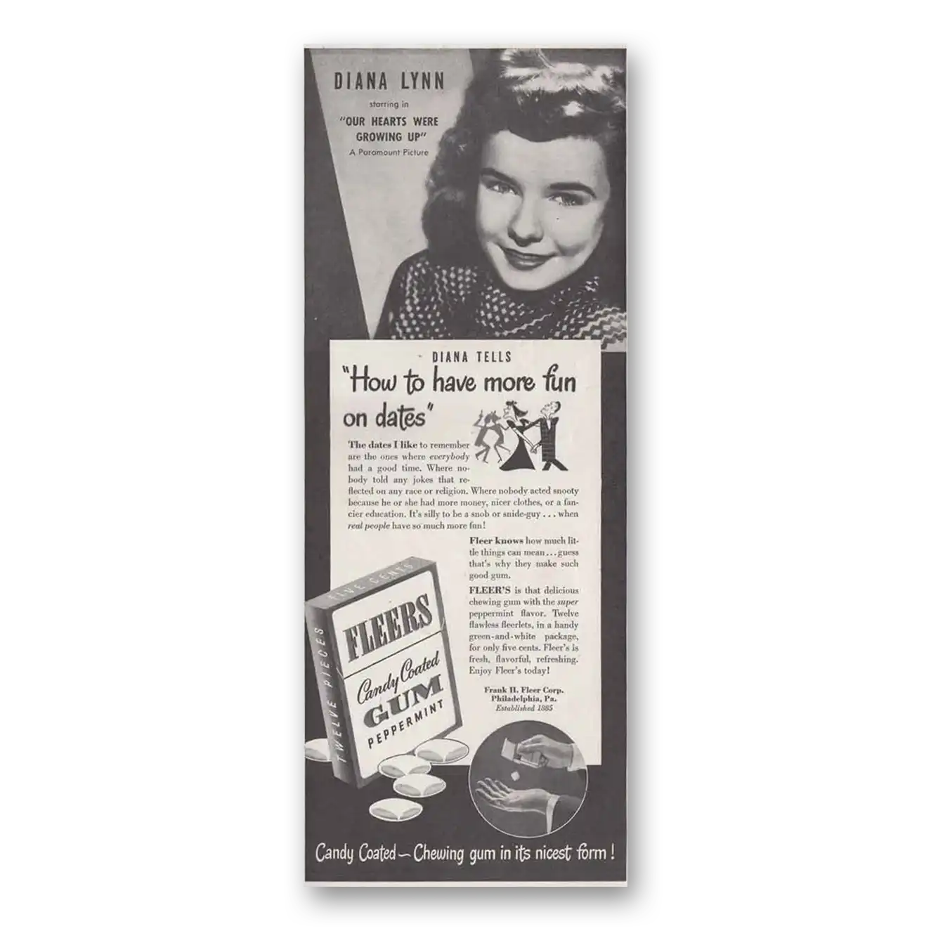 1946 Fleers Gum Diana Lynn Vintage Magazine Print Ad