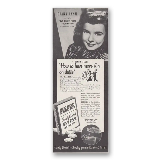 1946 Fleers Gum Diana Lynn Vintage Magazine Print Ad