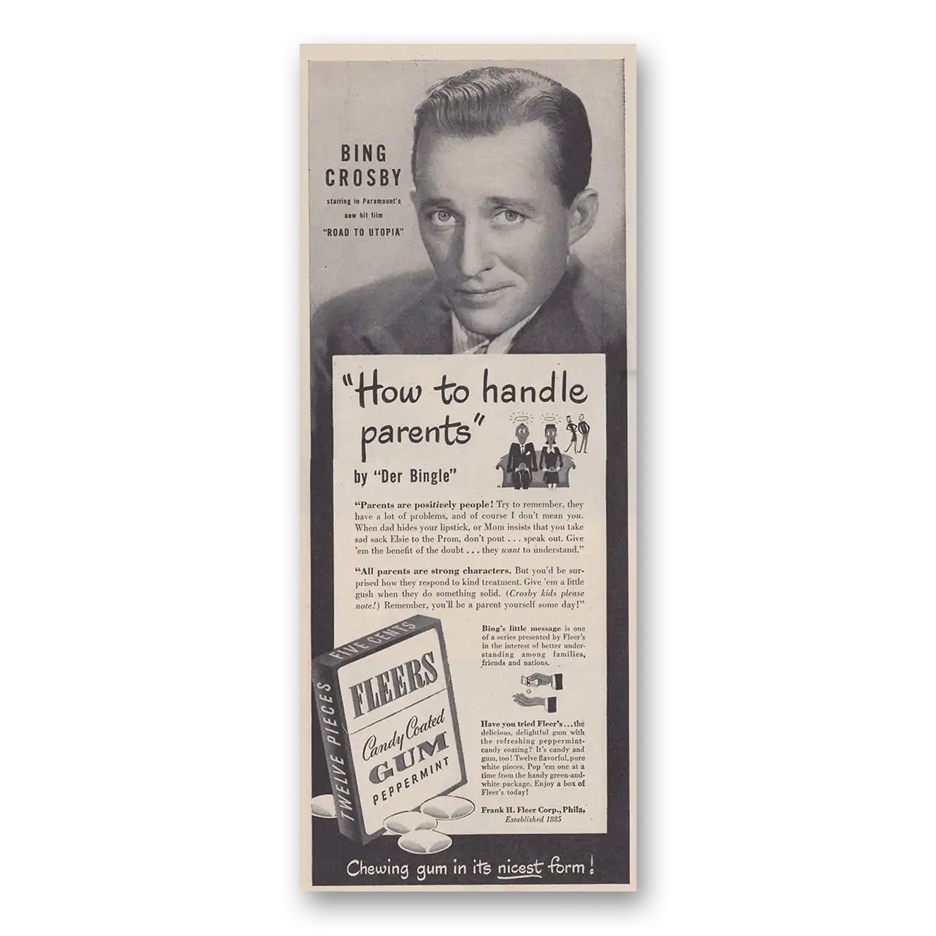 1946 Fleers Candy Coated Gum Bing Crosby How to Handle Parents Vintage Magazine Print Ad