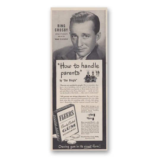 1946 Fleers Candy Coated Gum Bing Crosby How to Handle Parents Vintage Magazine Print Ad