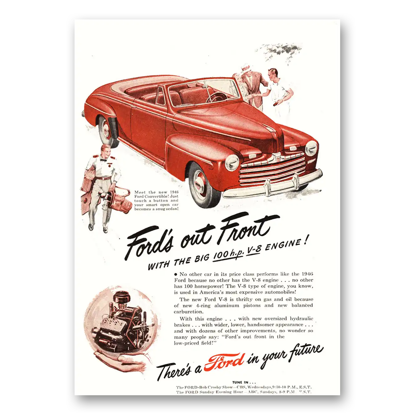 1946 Ford Convertible Big 100Hp V8 Engine Vintage Magazine Print Ad