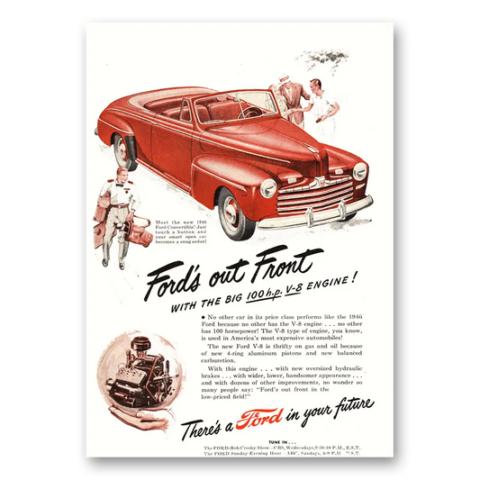 1946 Ford Convertible Big 100Hp V8 Engine Vintage Magazine Print Ad