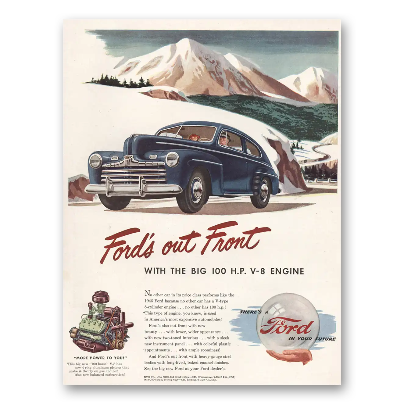 1946 Ford Big 100 HP V8 Engine Mountain Vintage Magazine Print Ad