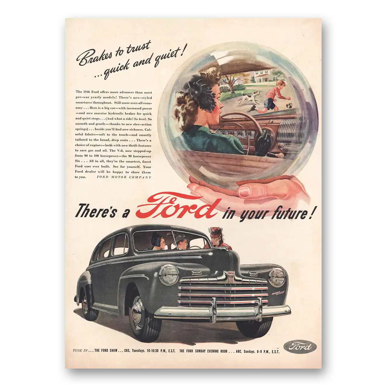 1946 Ford Brakes to Trust Quiet and Quick Vintage Magazine Print Ad