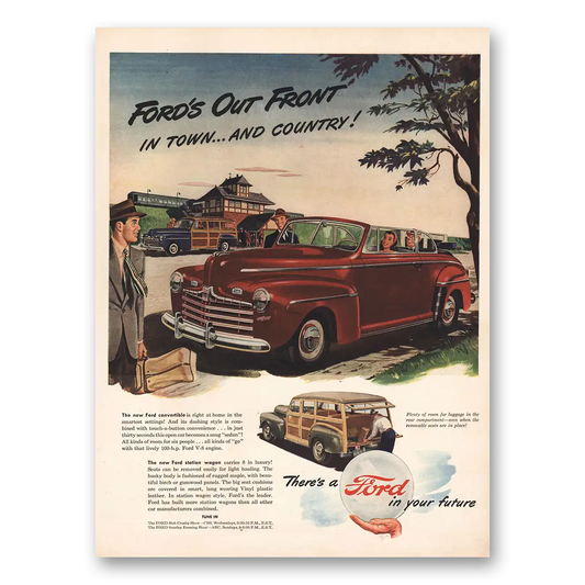 1946 Ford Wagons Convertible Out Front In Town and Country Vintage Magazine Print Ad