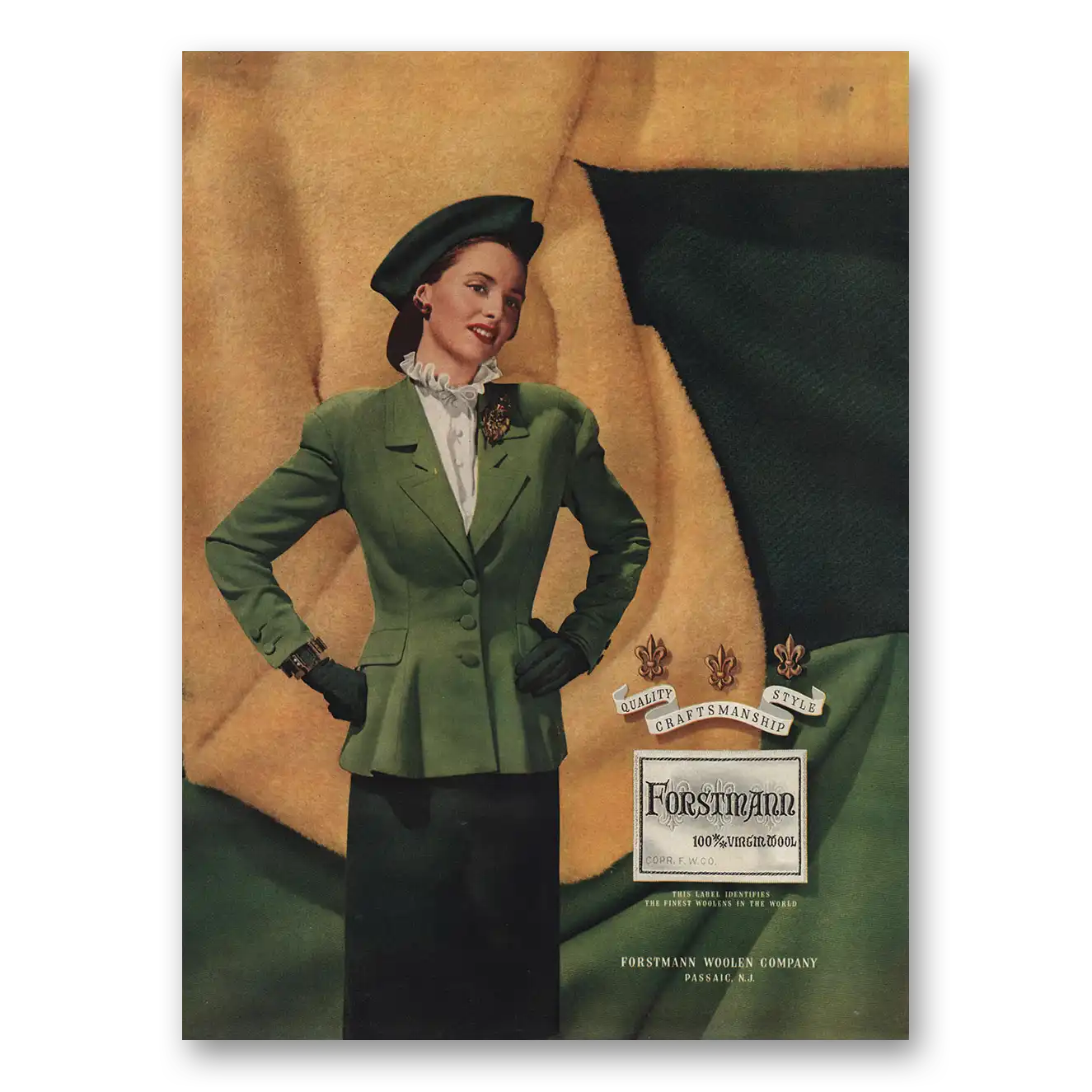 1946 Forstmann Wool Green Womens Suit Hat Vintage Magazine Print Ad