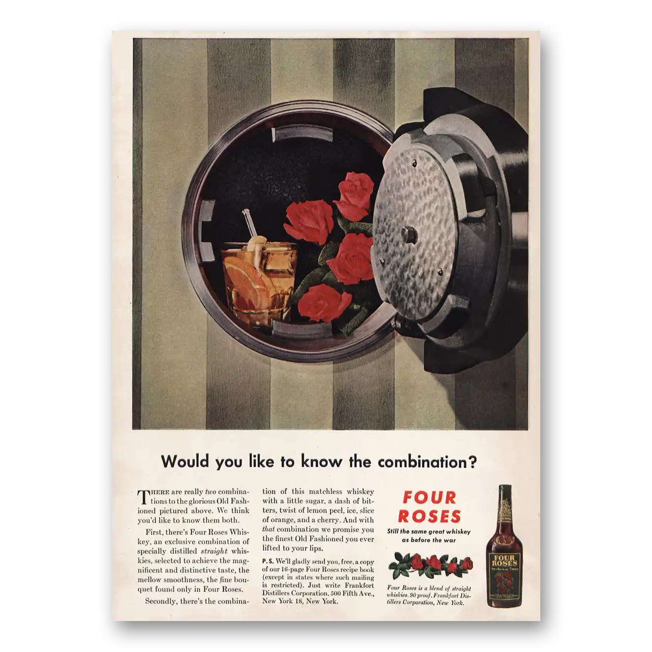 1946 Four Roses Know the Combination Vintage Magazine Print Ad