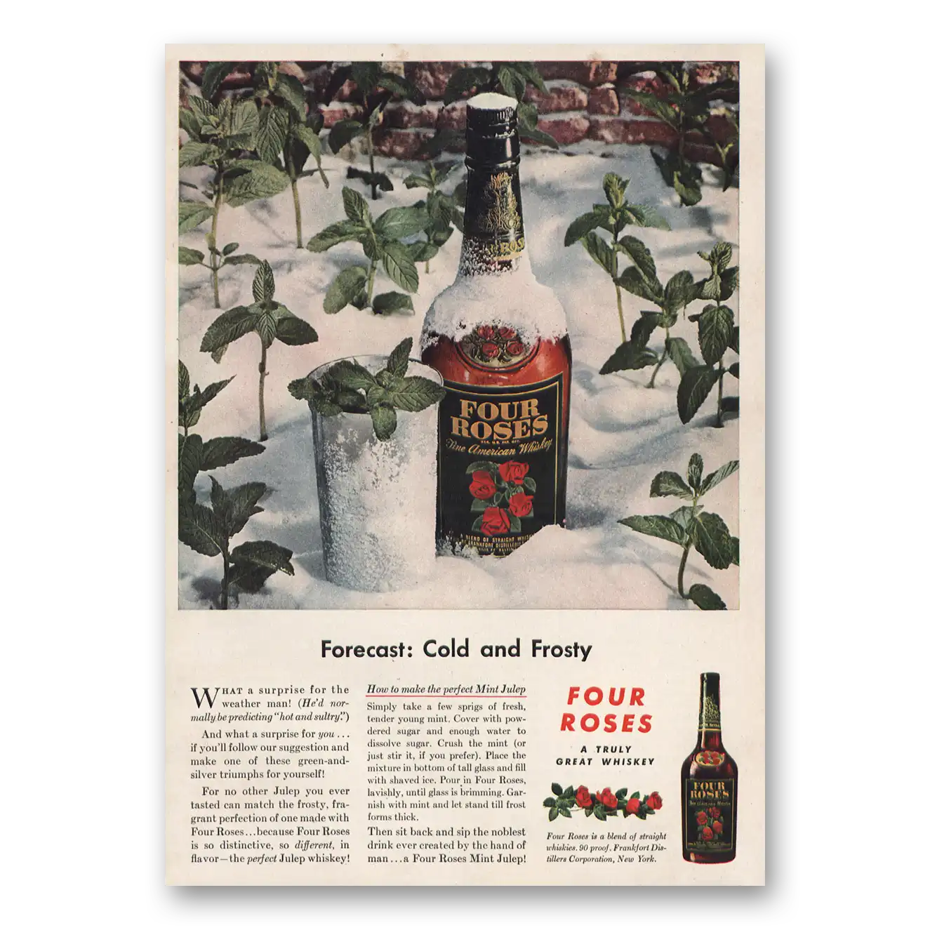 1946 Four Roses Forecast Cold and Frosty Vintage Magazine Print Ad