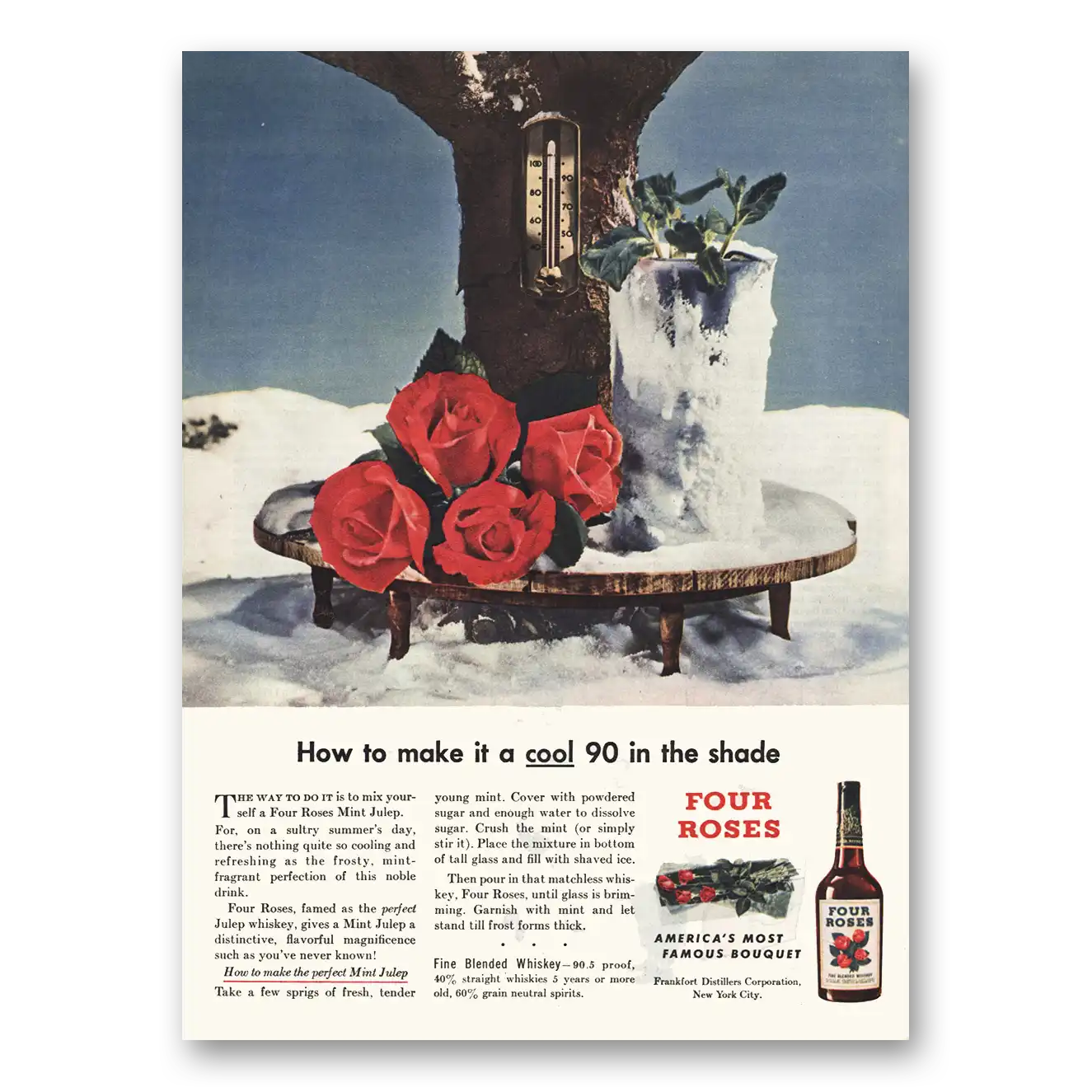 1946 Four Roses Make It a Cool 90 In the Shade Vintage Magazine Print Ad