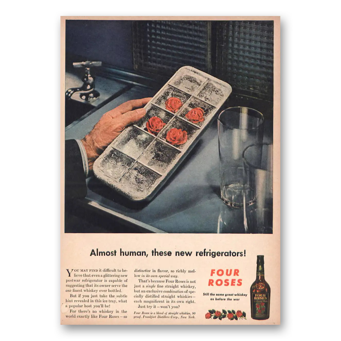 1946 Four Roses Almost Human Refrigerators Vintage Magazine Print Ad