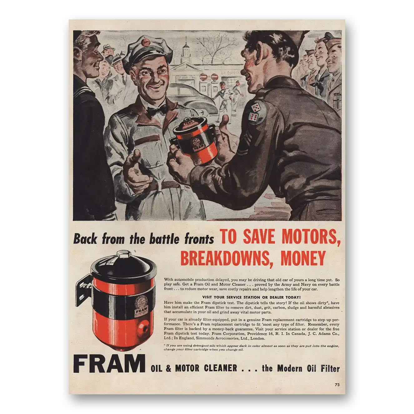 1946 Fram Oil Oil & Motor Cleaner Back From the Battle Fronts Vintage Magazine Print Ad