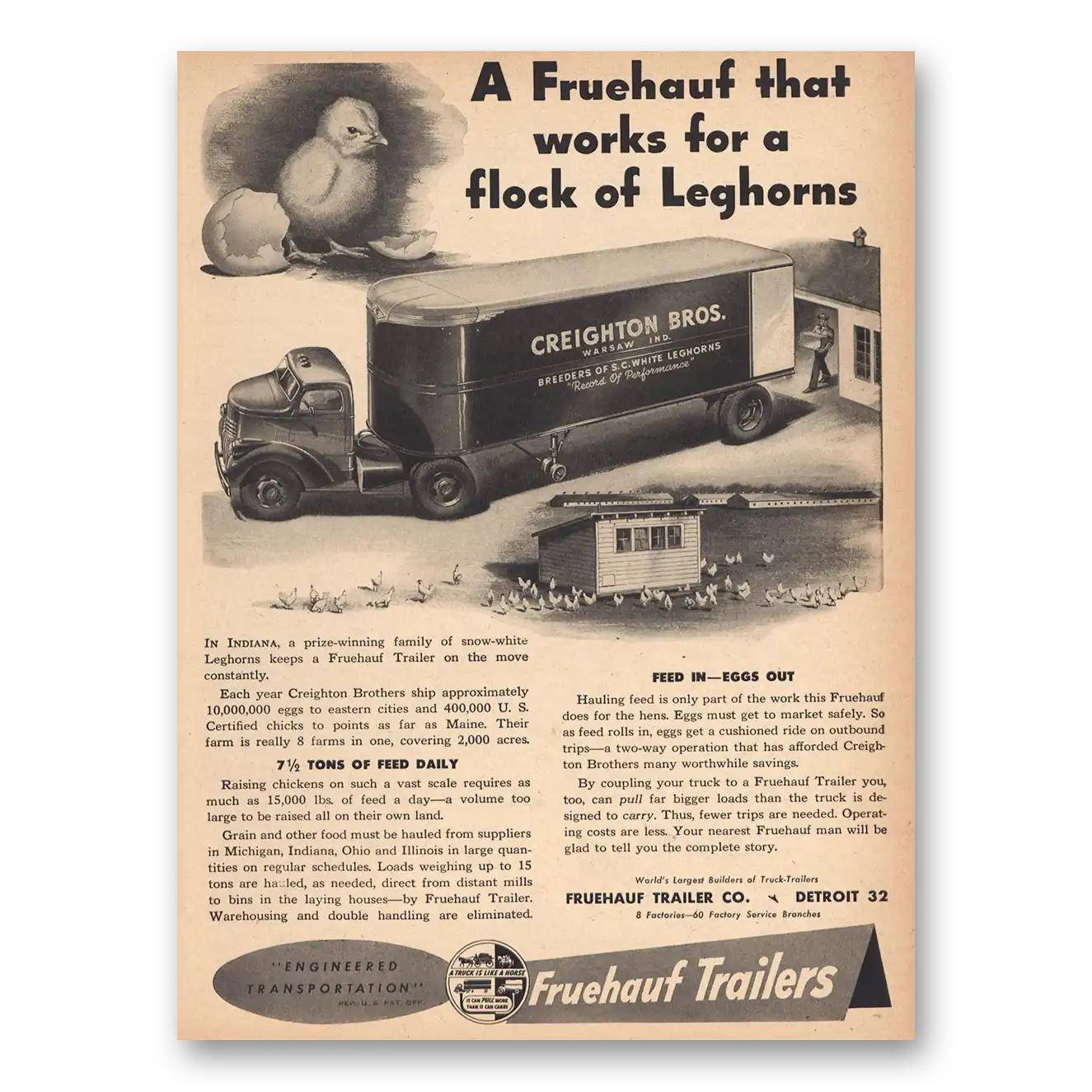 1946 Fruehauf Trailer Flock of Leghorns Creighton Vintage Magazine Print Ad