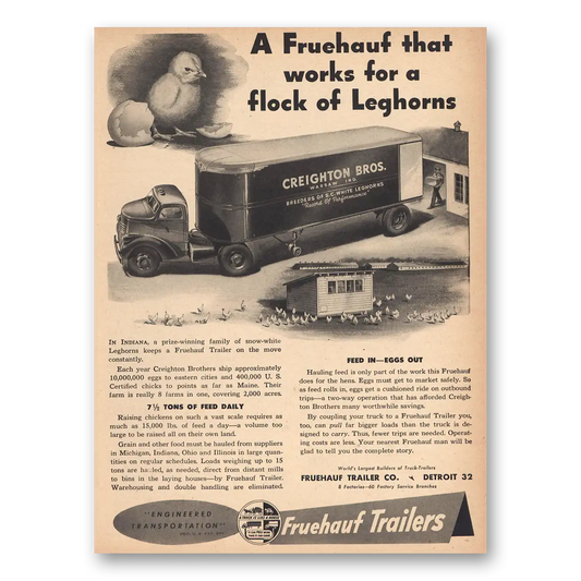 1946 Fruehauf Trailer Flock of Leghorns Creighton Vintage Magazine Print Ad