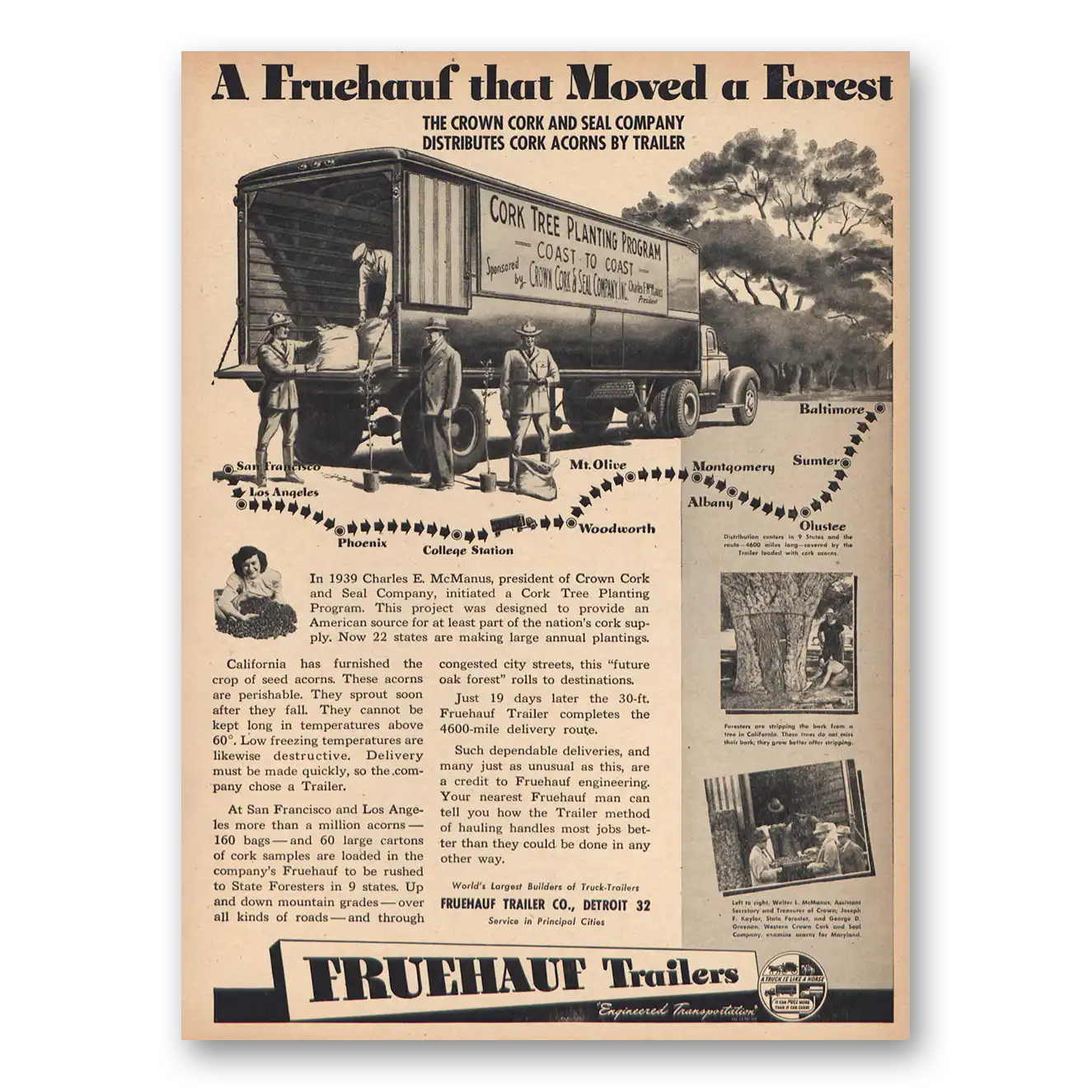 1946 Fruehauf Trailer Moved a Forest Crown Cork Vintage Magazine Print Ad