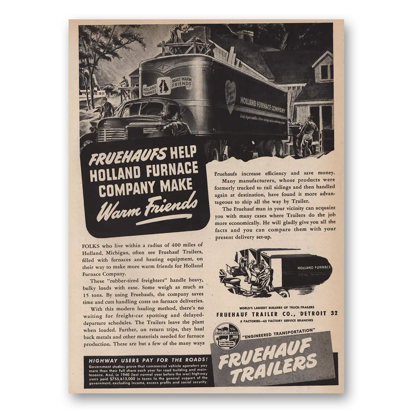 1946 Fruehauf Trailer Holland Furnace Vintage Magazine Print Ad