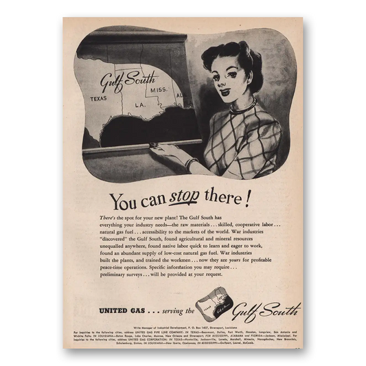 1946 United Gas You Can Stop There Gulf South Vintage Magazine Print Ad