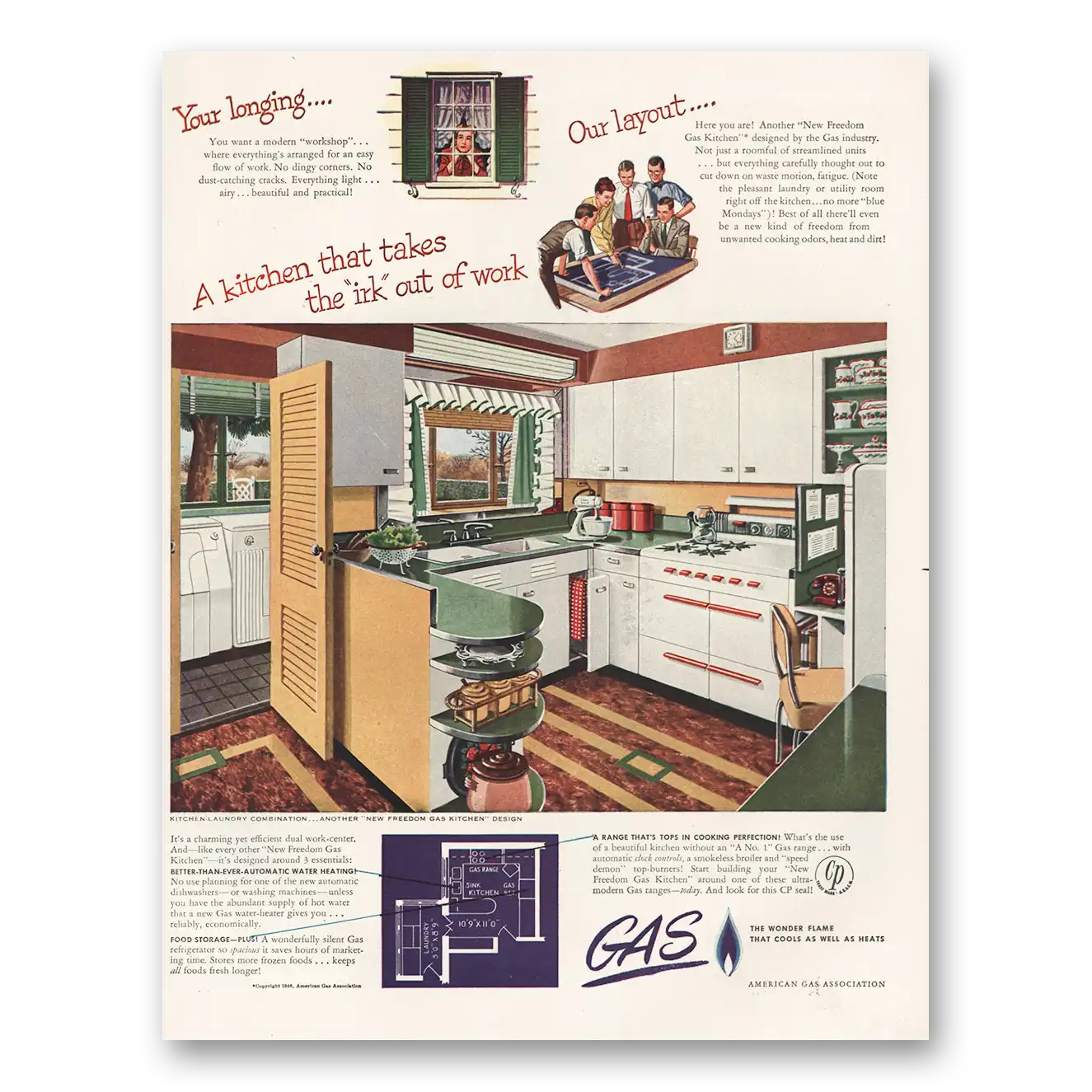 1946 American Gas Kitchen Takes Irk Out of Work Vintage Magazine Print Ad