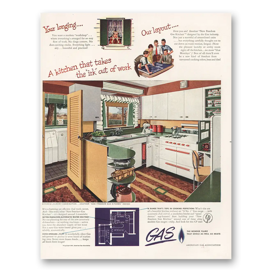 1946 American Gas Kitchen Takes Irk Out of Work Vintage Magazine Print Ad