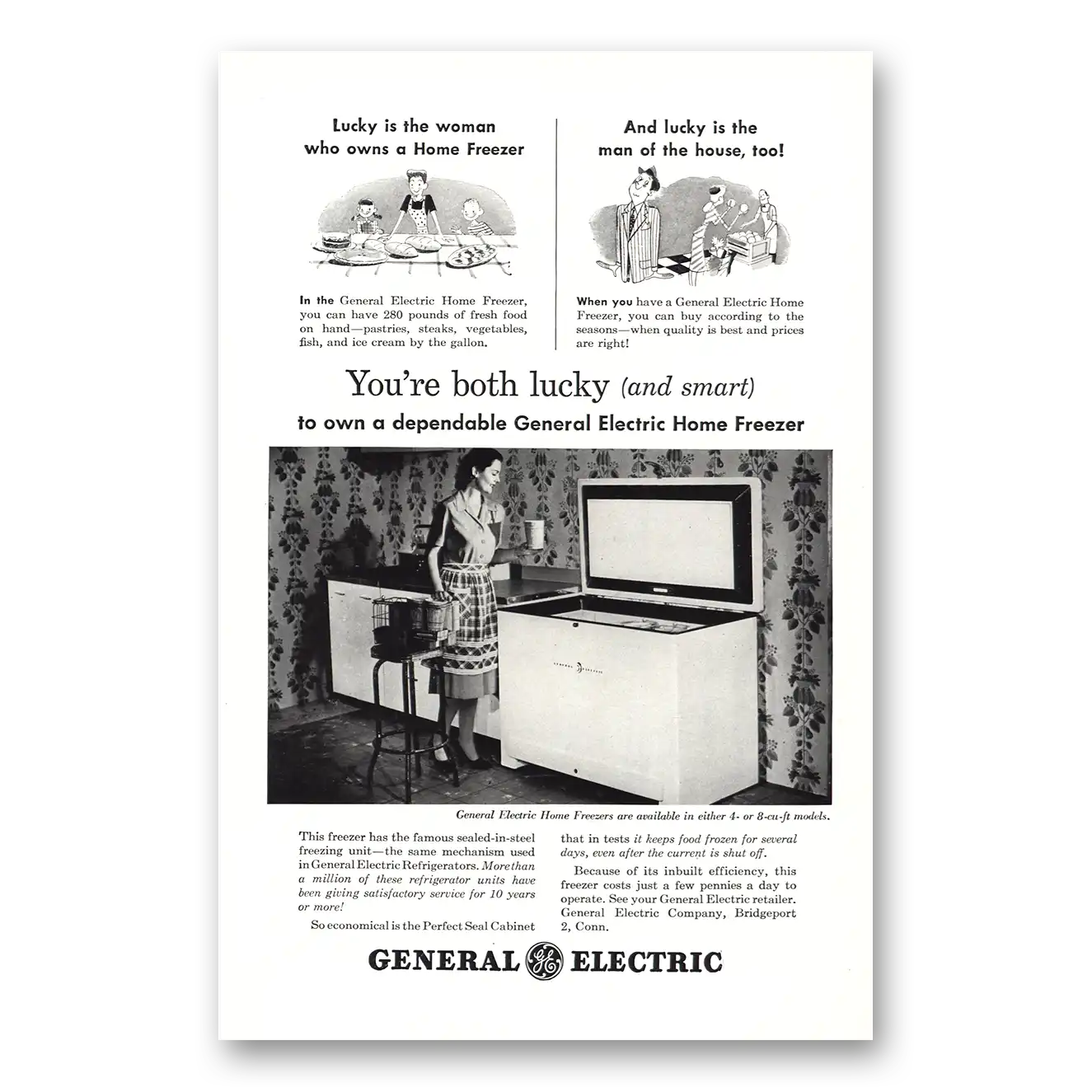 1947 General Electric Freezer Both Lucky and Smart Vintage Magazine Print Ad