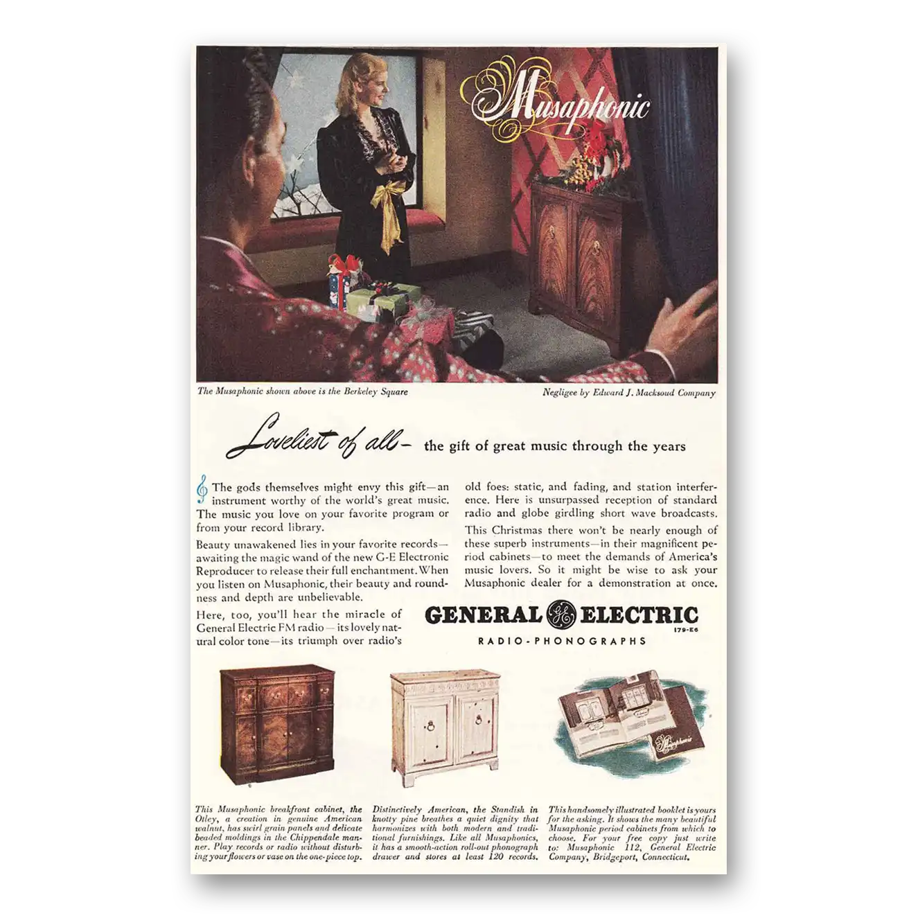 1946 General Electric Radio Musaphonic Berkley Square Vintage Magazine Print Ad