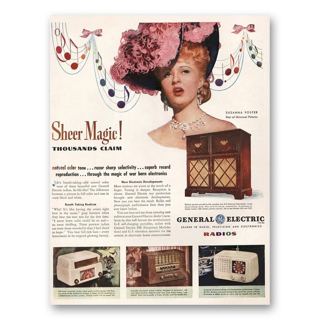 1946 General Electric Radio Susanna Foster Sheer Magic Vintage Magazine Print Ad