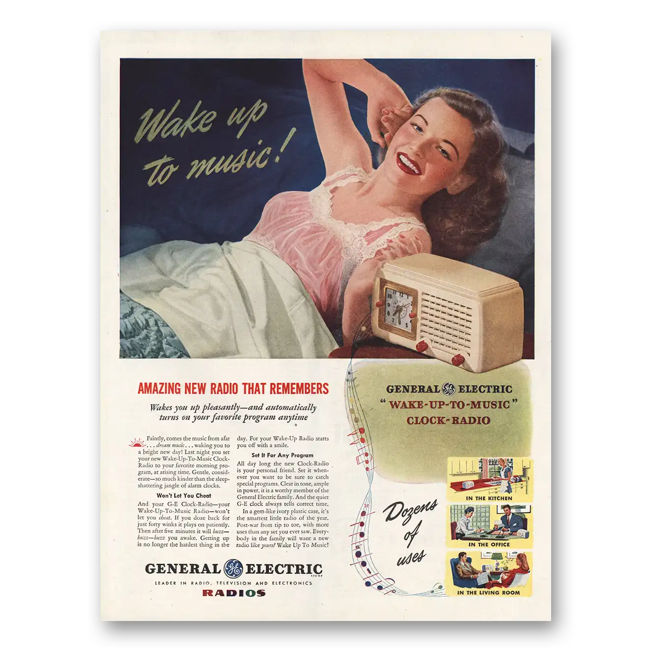 1946 General Electric Radio Wake Up to Music Vintage Magazine Print Ad