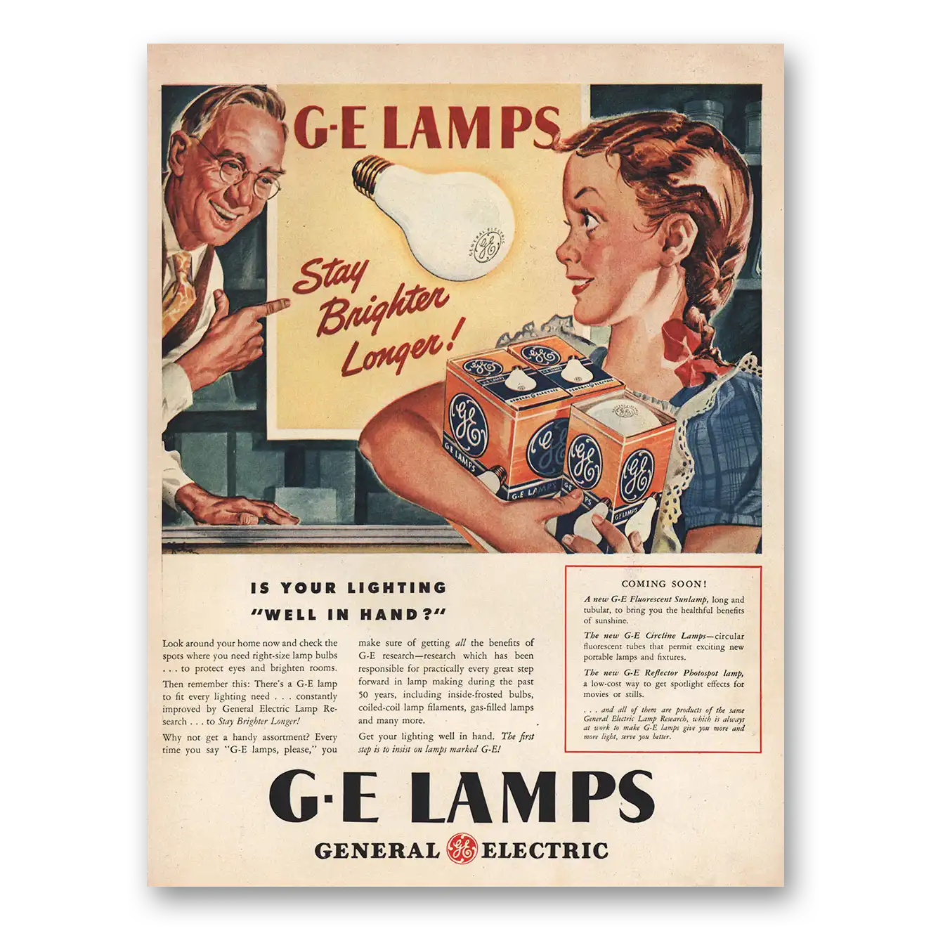 1946 GE Lamps Is Your Lighting Well In Hand Vintage Magazine Print Ad