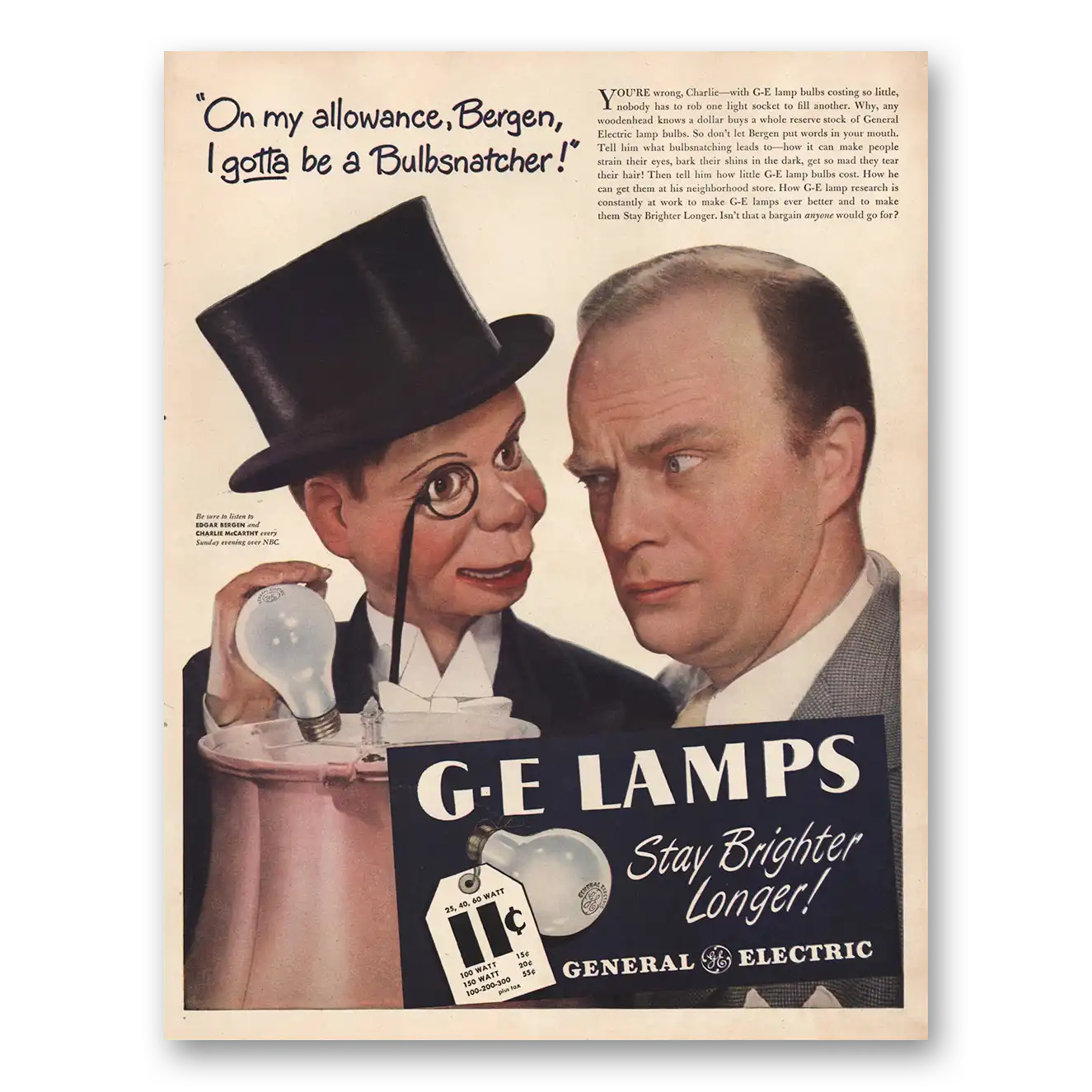 1946 GE Lamps Edgar Bergen Vintage Magazine Print Ad