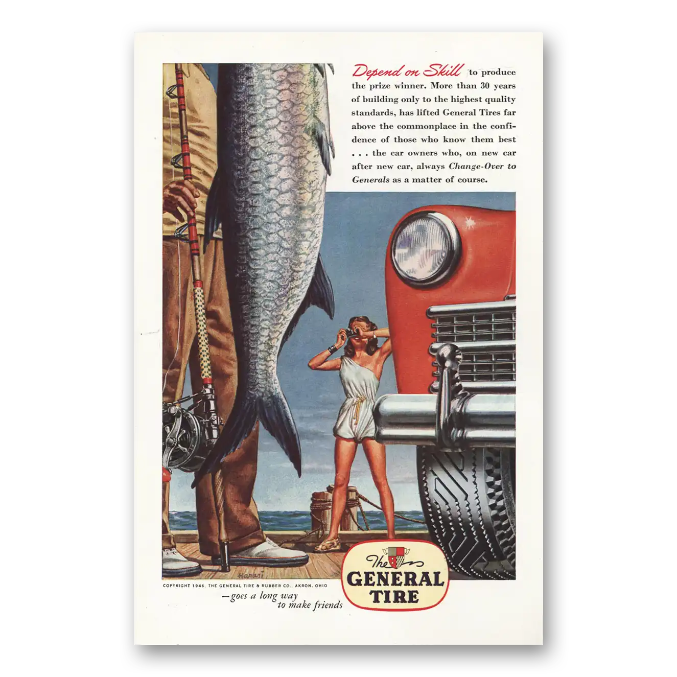 1946 General Tire Depend on Skill Fish Vintage Magazine Print Ad