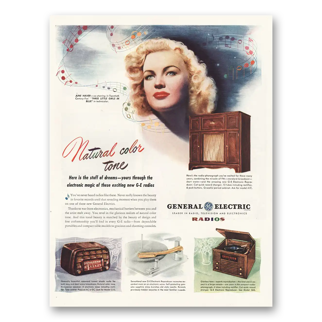 1946 General Electric Radio June Haver Natural Color Tone Vintage Magazine Print Ad