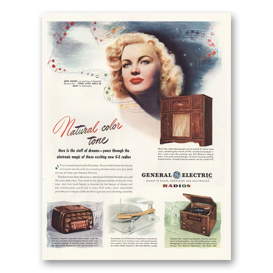 1946 General Electric Radio June Haver Natural Color Tone Vintage Magazine Print Ad