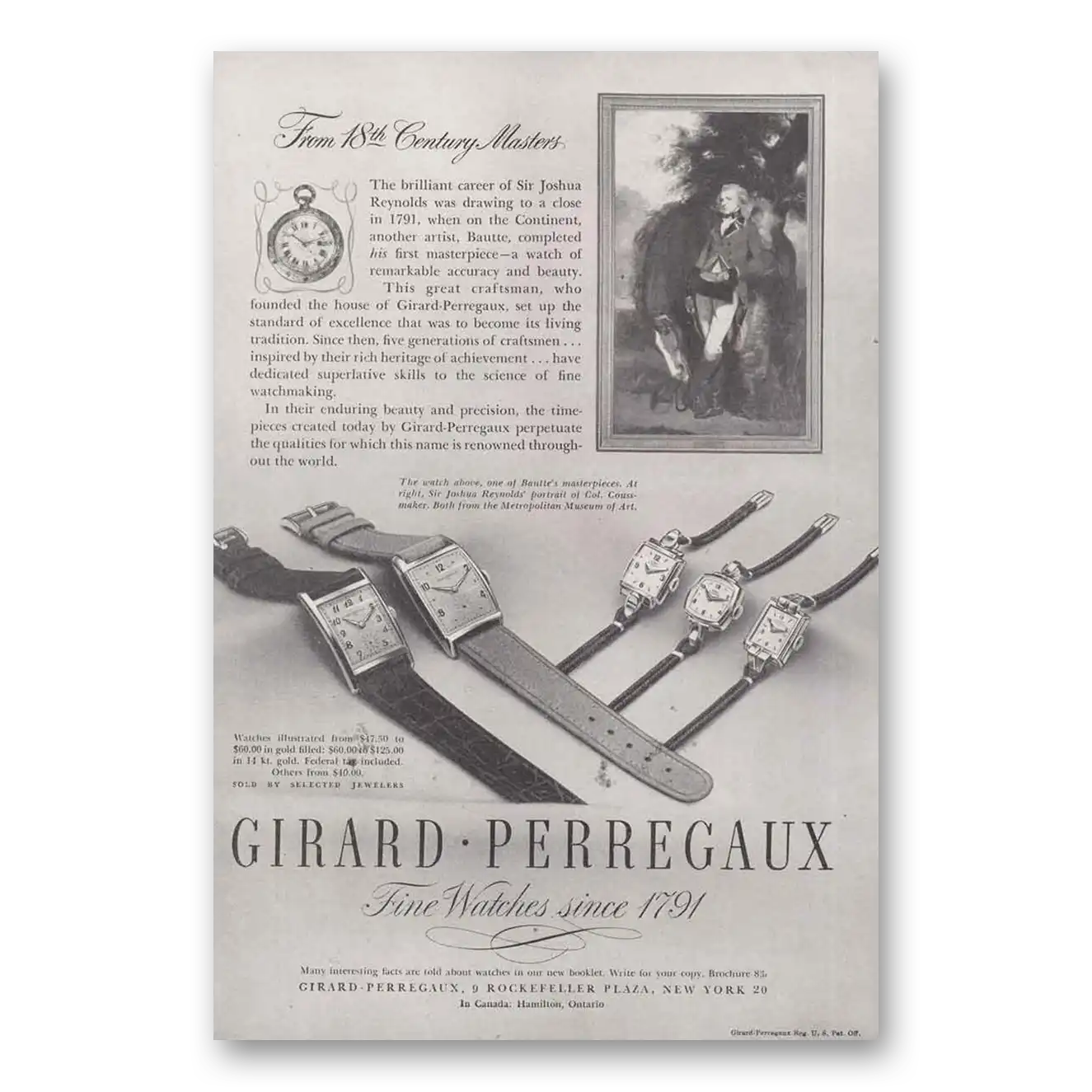 1946 Girard Perregaux From 18th Century Masters Vintage Magazine Print Ad