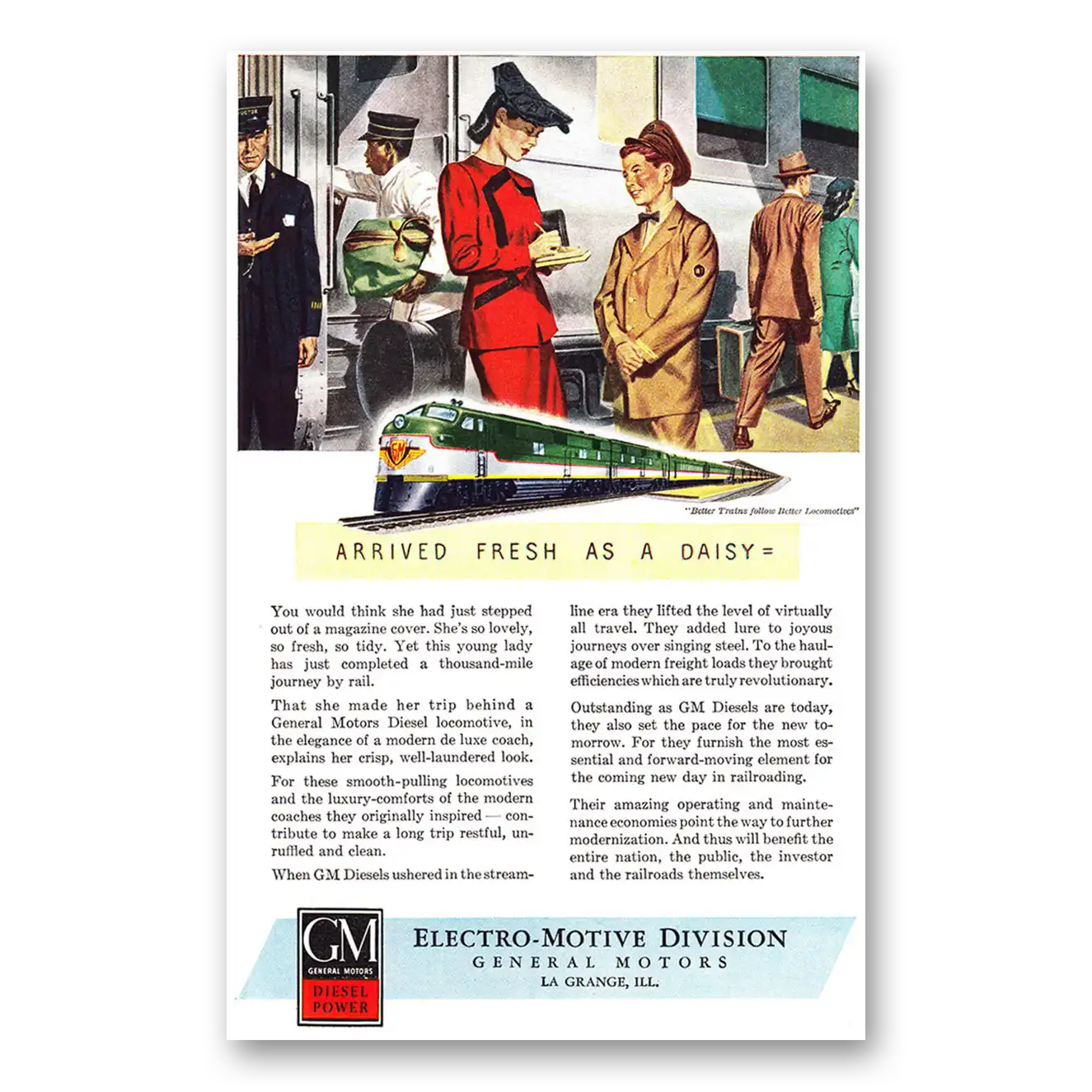 1946 GM Electro Motive Arrived Fresh as a Daisy Vintage Magazine Print Ad